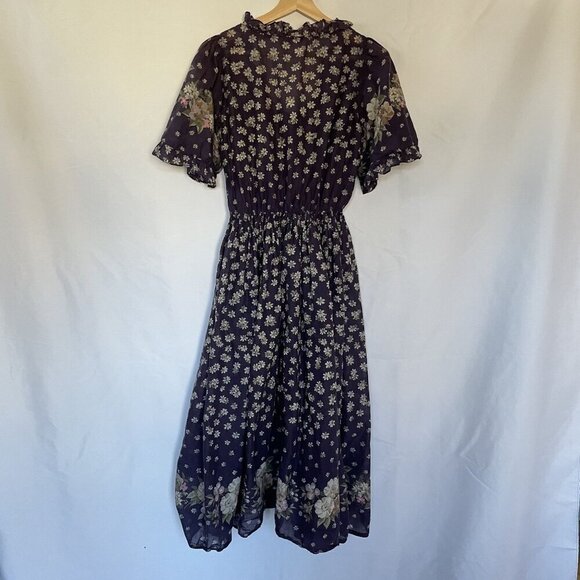 Albert Nipon Floral Print Ruffle Sleeve Button Front Dress Size 6 Purple Tan - Picture 10 of 10